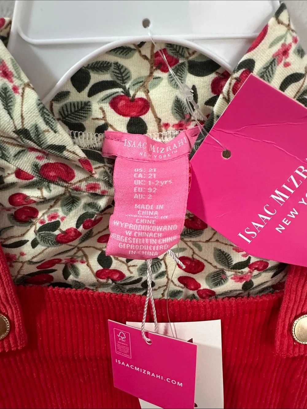 Isaac Mizrahi Red Corduroy Pinafore Dress with Cherry Print Tee
